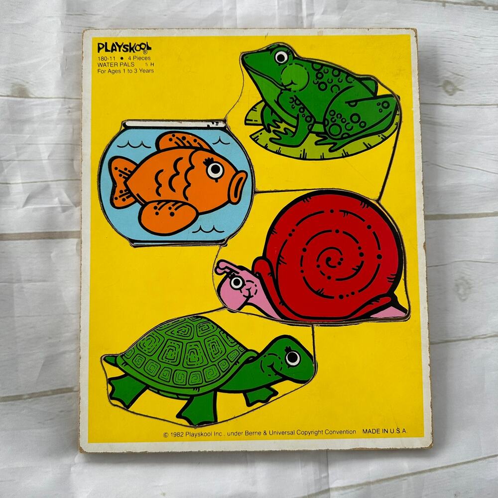 Vintage Playskool Water Pals 4 Piece Wooden Puzzle Frog Fish Snail Turtle 1982